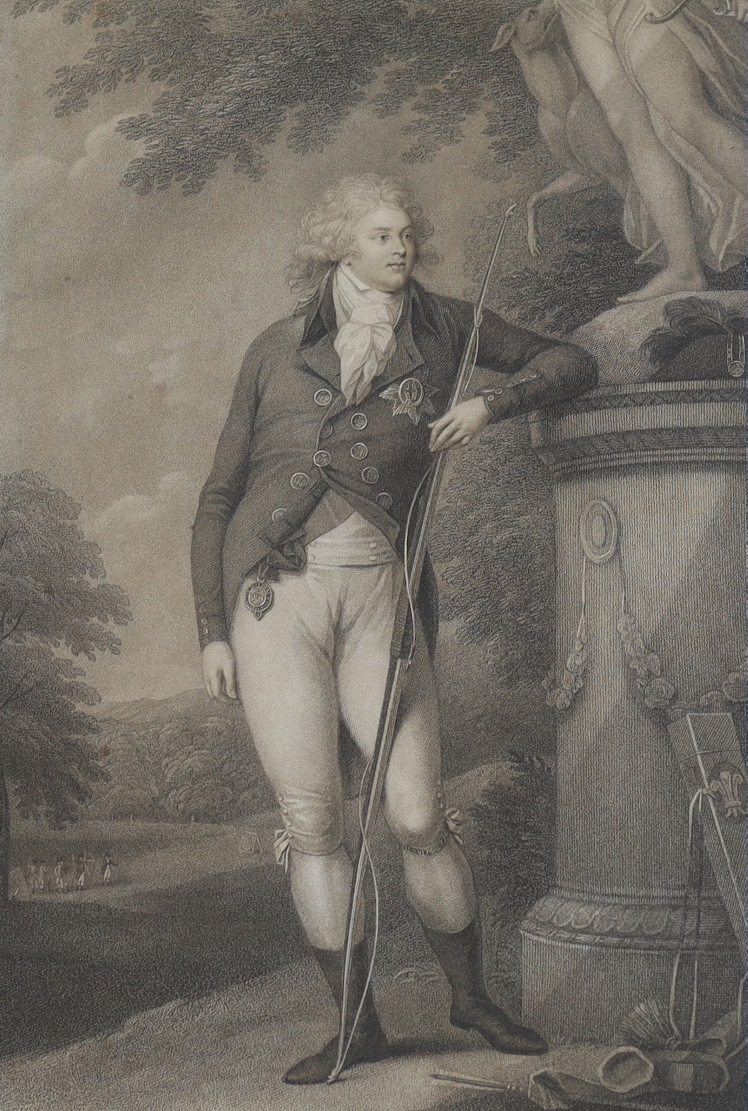 Francesco Bartolozzi after John Russell R.A., stipple engraving, The Royal Toxophilite, 'To the Royal Kentish Bowmen, This Plate of His Royal Highness the Prince of Wales..', later George IV, published by Jeffryes 1795,